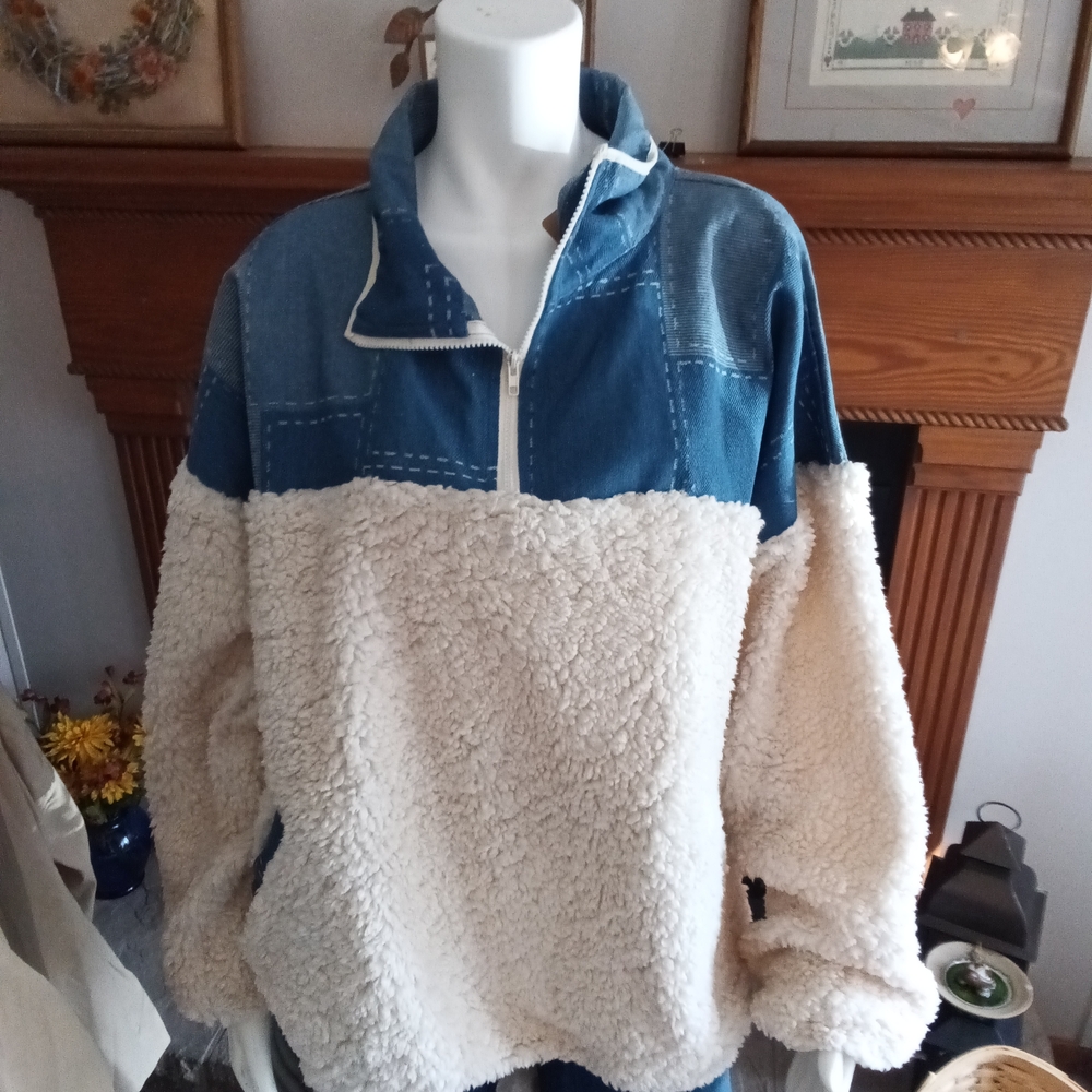 Denim and Sherpa Half-Zip Pullover
